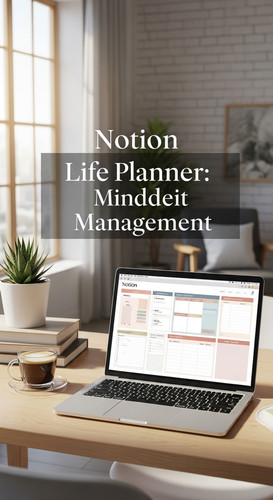 A bright studio with a laptop showing a Notion Life Planner overlay text Notion Life Planner Aesthet.jpg