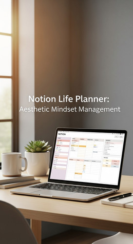 A bright studio with a laptop showing a Notion Life Planner overlay text Notion Life Planner Aesthet.jpg