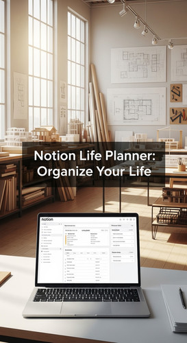 A bright architectural studio with a laptop showing a Notion Life Planner overlay text Notion Life P.jpg