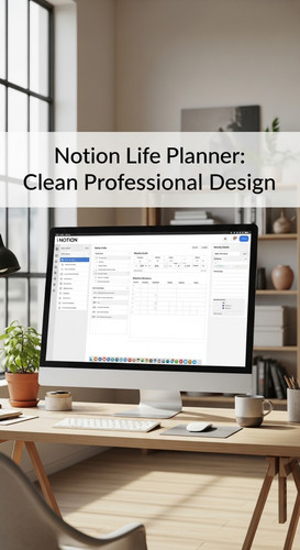 A bright airy studio with a Notion Life Planner on screen overlay text Notion Life Planner Clean Pro.jpg