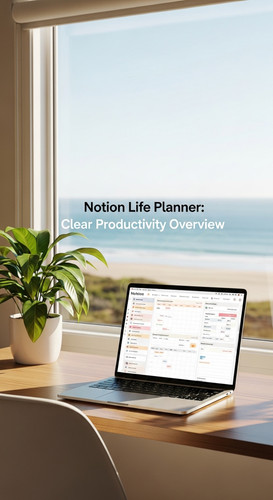 A bright coastal office with a laptop showing a Life Planner overlay text Notion Life Planner Clear .jpg