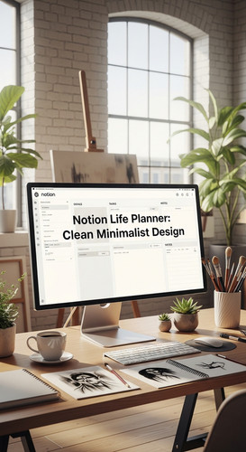 A bright airy artist studio with a Notion Life Planner on screen overlay text Notion Life Planner Cl.jpg