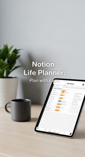 A minimalist desk with an iPad showing a Life Planner overlay text Notion Life Planner Plan with Eas.jpg