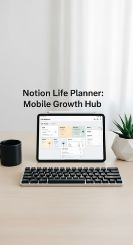 A minimalist desk with an iPad showing a Life Planner overlay text Notion Life Planner Mobile Growth.jpg