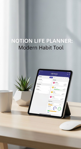 A minimalist desk with an iPad showing a Life Planner overlay text Notion Life Planner Modern Habit .jpg
