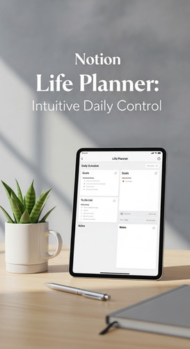 A minimalist desk with an iPad showing a Life Planner overlay text Notion Life Planner Intuitive Dai.jpg