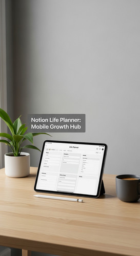 A minimalist desk with an iPad showing a Life Planner overlay text Notion Life Planner Mobile Growth.jpg