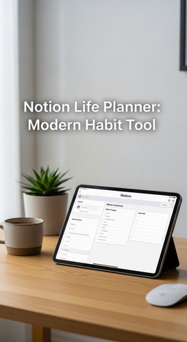 A minimalist desk with an iPad showing a Life Planner overlay text Notion Life Planner Modern Habit .jpg