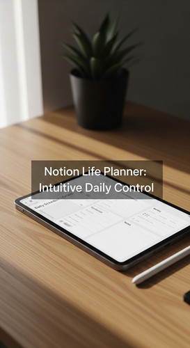 A minimalist desk with an iPad showing a Life Planner overlay text Notion Life Planner Intuitive Dai.jpg