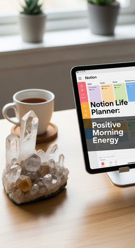 A desk with a crystal cluster and a tablet displaying a Notion Life Planner overlay text Notion Life.jpg