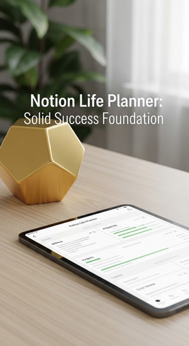 A desk with a gold paperweight and a tablet showing a Notion Life Planner overlay text Notion Life P.jpg