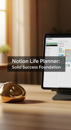 A desk with a gold paperweight and a tablet showing a Notion Life Planner overlay text Notion Life P.jpg