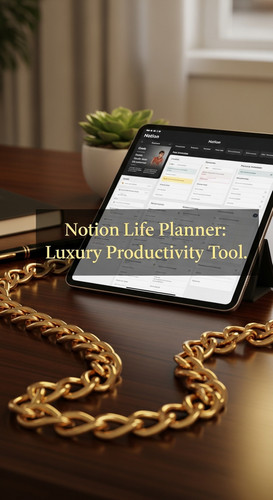 A desk with a gold chain and a tablet showing a Notion Life Planner overlay text Notion Life Planner.jpg