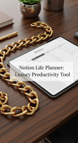 A desk with a gold chain and a tablet showing a Notion Life Planner overlay text Notion Life Planner.jpg