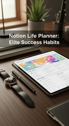 A desk with a gold watch and a tablet showing a Notion Life Planner overlay text Notion Life Planner.jpg