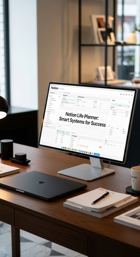 A highend retail desk with a screen showing a Notion Life Planner overlay text Notion Life Planner S.jpg