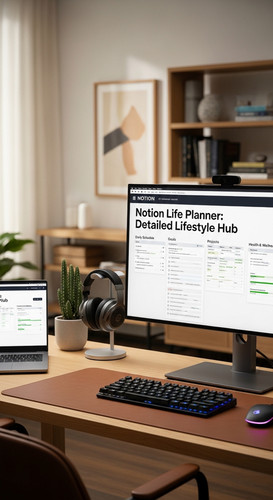 A highend workspace with a screen showing a Life Planner overlay text Notion Life Planner Detailed L.jpg