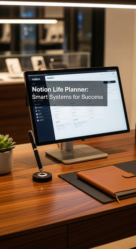 A highend retail desk with a screen showing a Notion Life Planner overlay text Notion Life Planner S.jpg