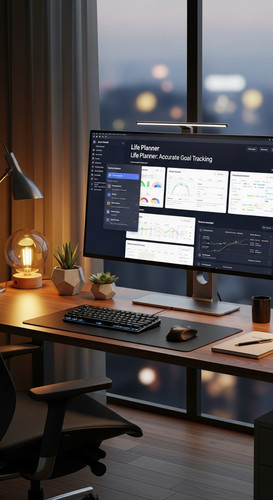 A highend workspace with a screen showing a Life Planner overlay text Notion Life Planner Accurate G.jpg