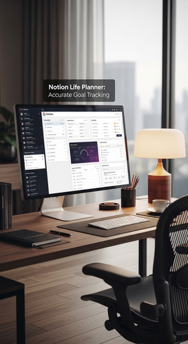 A highend workspace with a screen showing a Life Planner overlay text Notion Life Planner Accurate G.jpg
