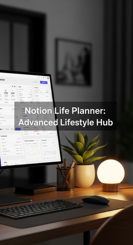 A highend workspace with a screen showing a Life Planner overlay text Notion Life Planner Advanced L.jpg