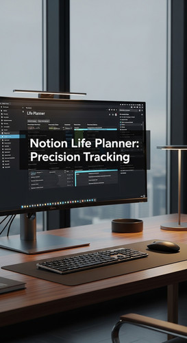 A highend workspace with a curved screen showing a Life Planner overlay text Notion Life Planner Pre.jpg