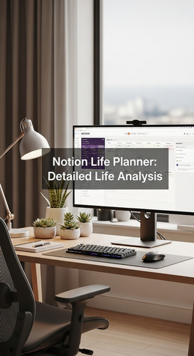 A highend workspace with a screen showing a Life Planner overlay text Notion Life Planner Detailed L.jpg