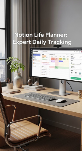 A highend workspace with a screen showing a Life Planner overlay text Notion Life Planner Expert Dai.jpg