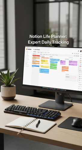 A highend workspace with a screen showing a Life Planner overlay text Notion Life Planner Expert Dai.jpg