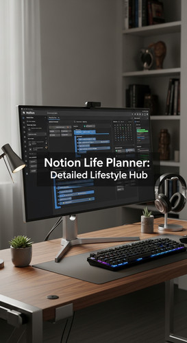 A highend workspace with a screen showing a Life Planner overlay text Notion Life Planner Detailed L.jpg