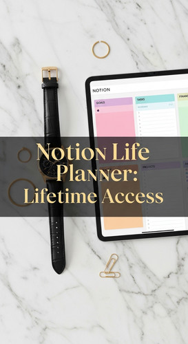 A marble and gold flatlay featuring a designer watch and a tablet with a Notion Life Planner overlay.jpg