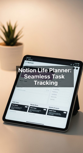 A minimalist desk with an iPad showing a Life Planner overlay text Notion Life Planner Seamless Task.jpg