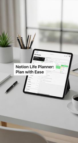 A minimalist desk with an iPad showing a Life Planner overlay text Notion Life Planner Plan with Eas.jpg