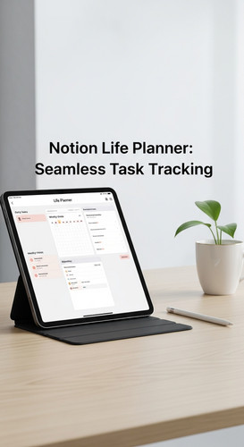 A minimalist desk with an iPad showing a Life Planner overlay text Notion Life Planner Seamless Task.jpg