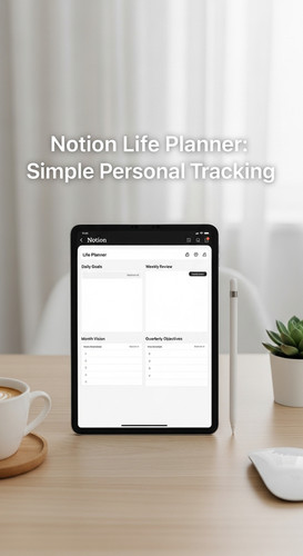 A minimalist desk with an iPad showing a Life Planner overlay text Notion Life Planner Simple Person.jpg