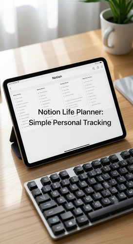 A minimalist desk with an iPad showing a Life Planner overlay text Notion Life Planner Simple Person.jpg