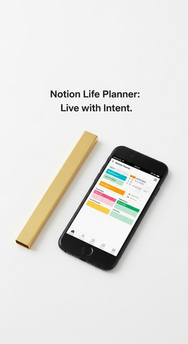 A minimalist flatlay with a gold bar and a phone showing a Notion Life Planner overlay text Notion L.jpg