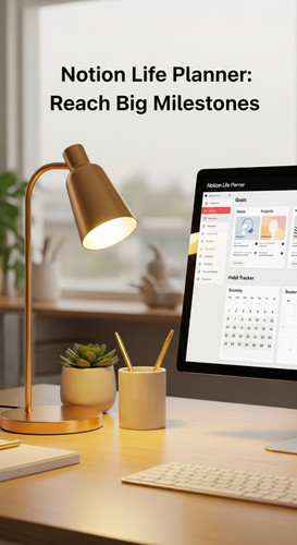 A clean desk with a gold lamp and a screen showing a Notion Life Planner overlay text Notion Life Pl.jpg