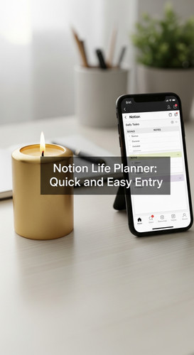 A clean desk with a gold candle and a phone showing a Life Planner overlay text Notion Life Planner .jpg