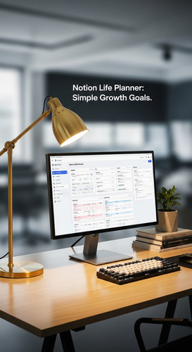 A clean desk with a gold lamp and a screen showing a Notion Life Planner overlay text Notion Life Pl.jpg