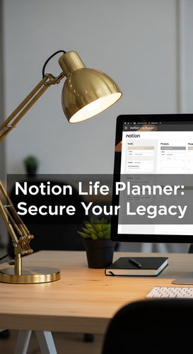 A clean desk with a gold lamp and a screen showing a Notion Life Planner overlay text Notion Life Pl.jpg