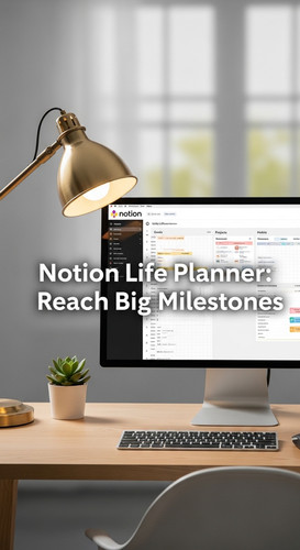 A clean desk with a gold lamp and a screen showing a Notion Life Planner overlay text Notion Life Pl.jpg