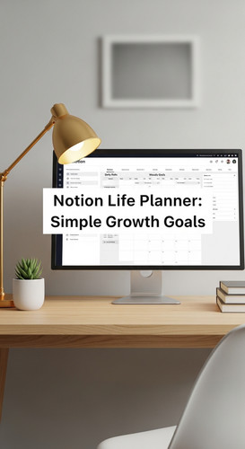 A clean desk with a gold lamp and a screen showing a Notion Life Planner overlay text Notion Life Pl.jpg
