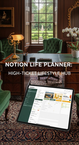 A luxury home office with a tablet showing a Notion Life Planner overlay text Notion Life Planner Hi.jpg