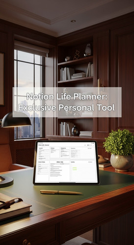 A luxury home office with a tablet showing a Notion Life Planner overlay text Notion Life Planner Ex.jpg
