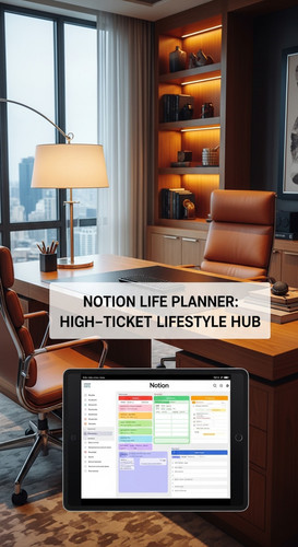 A luxury home office with a tablet showing a Notion Life Planner overlay text Notion Life Planner Hi.jpg