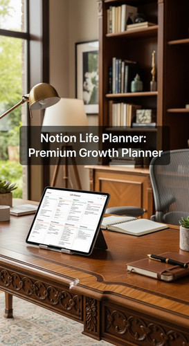 A luxury home office with a tablet showing a Notion Life Planner overlay text Notion Life Planner Pr.jpg