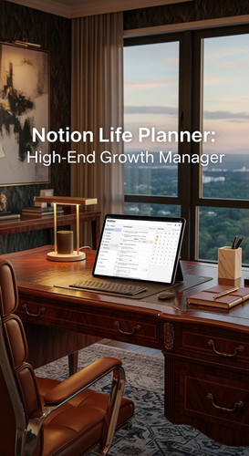 A luxury home office with a tablet showing a Notion Life Planner overlay text Notion Life Planner Hi.jpg