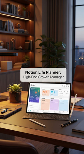 A luxury home office with a tablet showing a Notion Life Planner overlay text Notion Life Planner Hi.jpg