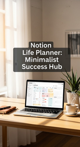 A bright studio with a laptop showing a Notion Life Planner overlay text Notion Life Planner Minimal.jpg